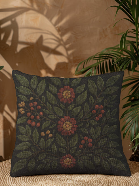 A 17x18 inch woven tapestry pillow featuring a dark green background with embroidered rowan leaves, berries, and rust-toned flowers. The pillow is double-sided, filled with plush poly fill, and sewn shut for a seamless, soft finish. Made from 58% cotton and 42% polyester yarns, this decorative cushion adds a cozy, mystical charm to any cottagecore, gothic, or forest-inspired home.
